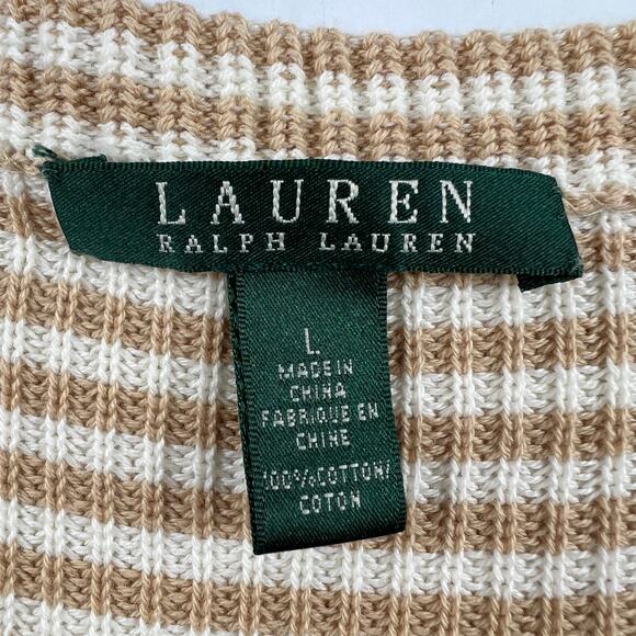 LAUREN RALPH LAUREN Womens Knit Top Large Tan White Striped Cotton Half Sleeve - Picture 7 of 8